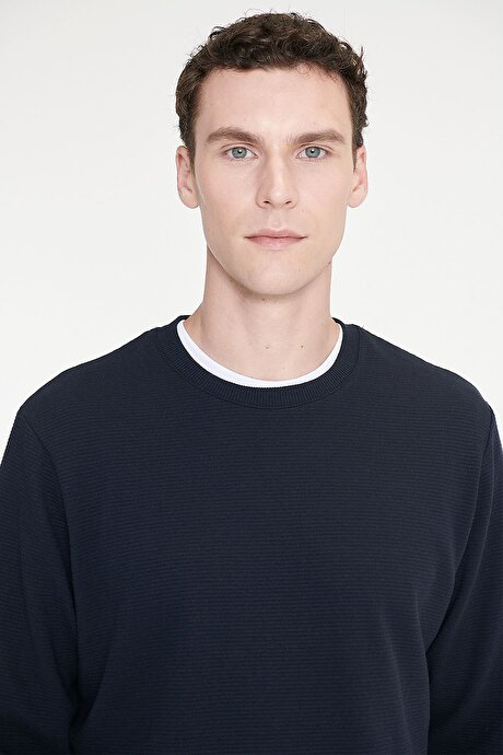 2 İplik Sıcak Tutan Standart Fit Normal Kesim Bisiklet Yaka Dokulu Lacivert Sweatshirt resmi