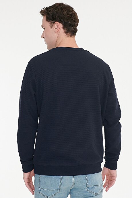2 İplik Sıcak Tutan Standart Fit Normal Kesim Bisiklet Yaka Dokulu Lacivert Sweatshirt resmi