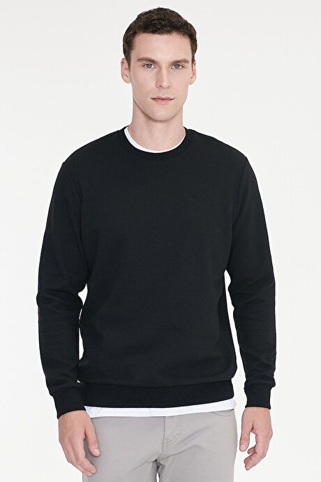 2 İplik Sıcak Tutan Standart Fit Normal Kesim Bisiklet Yaka Dokulu Siyah Sweatshirt resmi