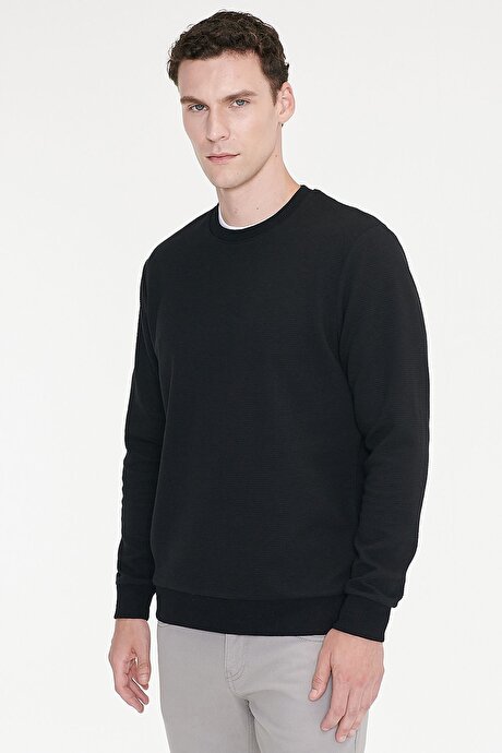 2 İplik Sıcak Tutan Standart Fit Normal Kesim Bisiklet Yaka Dokulu Siyah Sweatshirt resmi