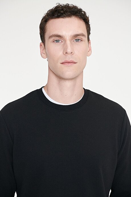 2 İplik Sıcak Tutan Standart Fit Normal Kesim Bisiklet Yaka Dokulu Siyah Sweatshirt resmi
