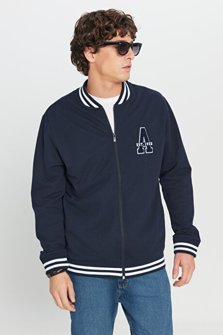 2 İplik Pamuklu Standart Fit Normal Kesim Fermuarlı Kolej Yaka Yan Cepli Lacivert Sweatshirt resmi