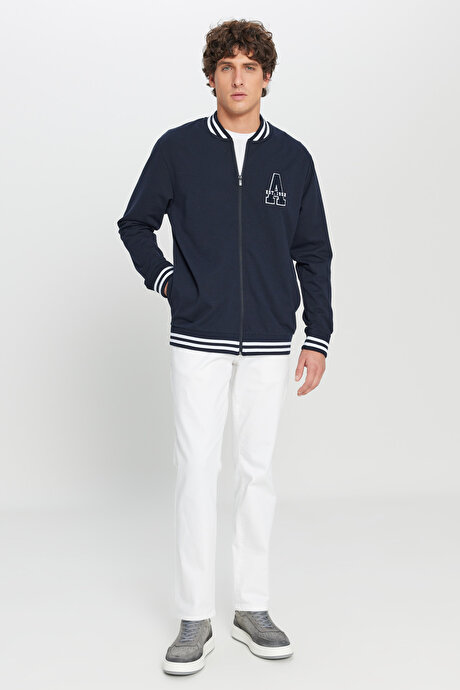 2 İplik Pamuklu Standart Fit Normal Kesim Fermuarlı Kolej Yaka Yan Cepli Lacivert Sweatshirt resmi