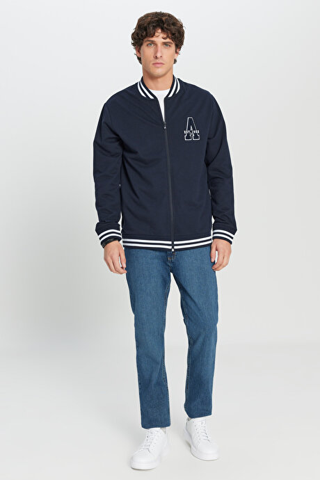 2 İplik Pamuklu Standart Fit Normal Kesim Fermuarlı Kolej Yaka Yan Cepli Lacivert Sweatshirt resmi