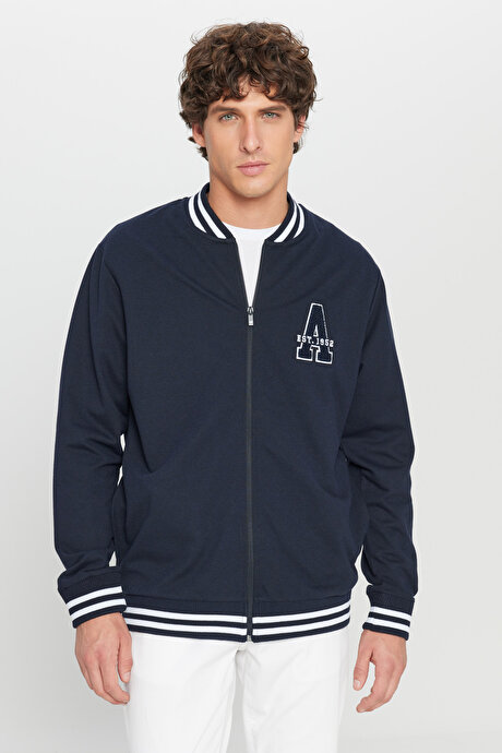 2 İplik Pamuklu Standart Fit Normal Kesim Fermuarlı Kolej Yaka Yan Cepli Lacivert Sweatshirt resmi