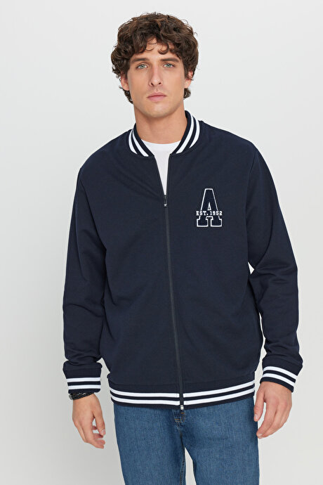 2 İplik Pamuklu Standart Fit Normal Kesim Fermuarlı Kolej Yaka Yan Cepli Lacivert Sweatshirt resmi