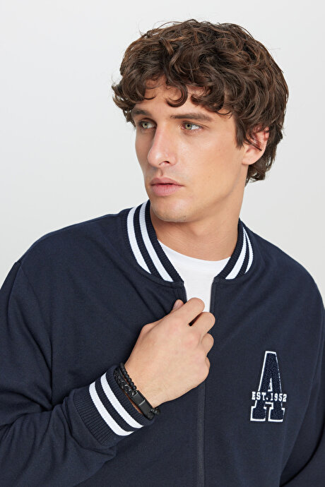 2 İplik Pamuklu Standart Fit Normal Kesim Fermuarlı Kolej Yaka Yan Cepli Lacivert Sweatshirt resmi