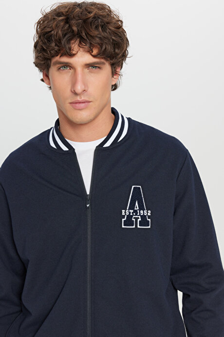 2 İplik Pamuklu Standart Fit Normal Kesim Fermuarlı Kolej Yaka Yan Cepli Lacivert Sweatshirt resmi