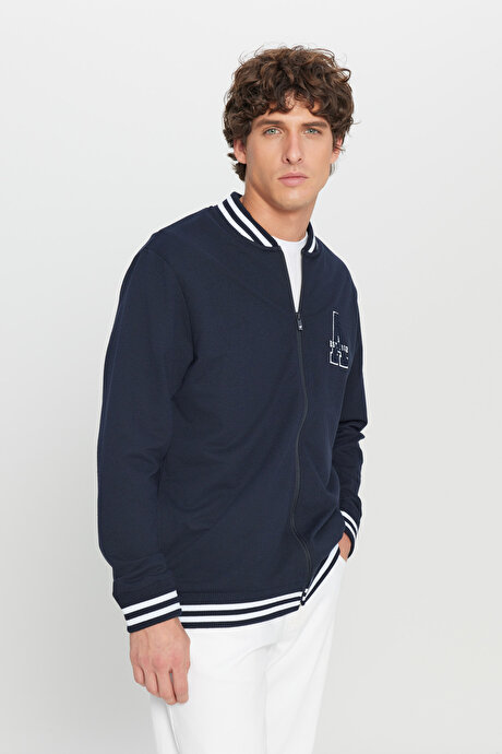 2 İplik Pamuklu Standart Fit Normal Kesim Fermuarlı Kolej Yaka Yan Cepli Lacivert Sweatshirt resmi