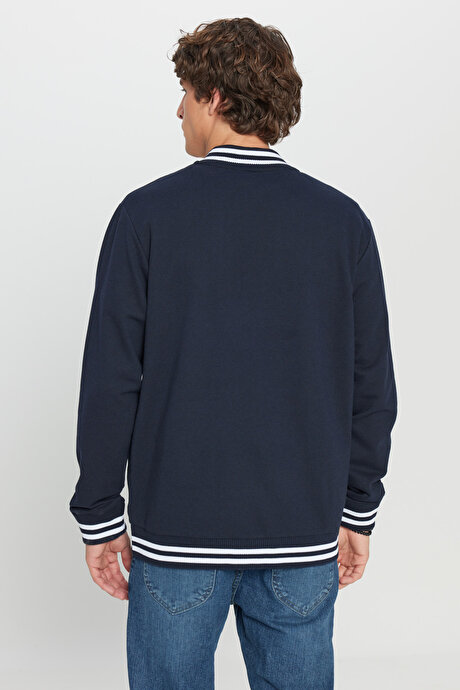 2 İplik Pamuklu Standart Fit Normal Kesim Fermuarlı Kolej Yaka Yan Cepli Lacivert Sweatshirt resmi
