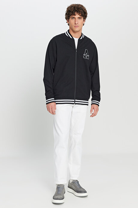 2 İplik Pamuklu Standart Fit Normal Kesim Fermuarlı Kolej Yaka Yan Cepli Siyah SweatshirtETE052261033SYH