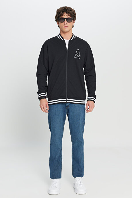 2 İplik Pamuklu Standart Fit Normal Kesim Fermuarlı Kolej Yaka Yan Cepli Siyah Sweatshirt resmi