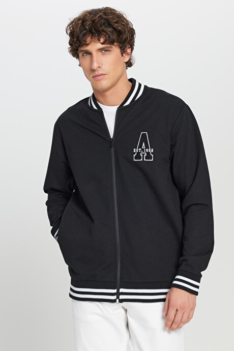 2 İplik Pamuklu Standart Fit Normal Kesim Fermuarlı Kolej Yaka Yan Cepli Siyah Sweatshirt resmi