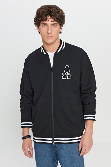 2 İplik Pamuklu Standart Fit Normal Kesim Fermuarlı Kolej Yaka Yan Cepli Siyah Sweatshirt resmi