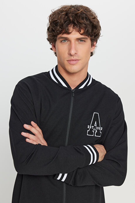 2 İplik Pamuklu Standart Fit Normal Kesim Fermuarlı Kolej Yaka Yan Cepli Siyah Sweatshirt resmi