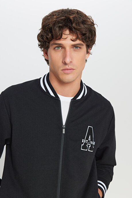 2 İplik Pamuklu Standart Fit Normal Kesim Fermuarlı Kolej Yaka Yan Cepli Siyah Sweatshirt resmi