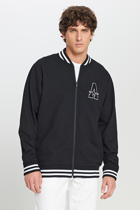 2 İplik Pamuklu Standart Fit Normal Kesim Fermuarlı Kolej Yaka Yan Cepli Siyah Sweatshirt resmi