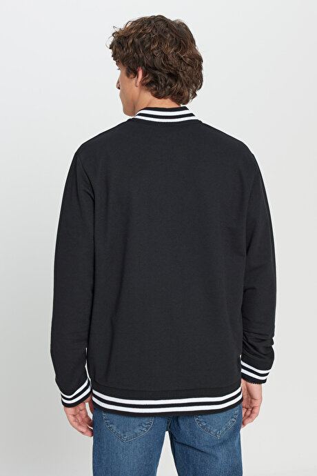 2 İplik Pamuklu Standart Fit Normal Kesim Fermuarlı Kolej Yaka Yan Cepli Siyah Sweatshirt resmi