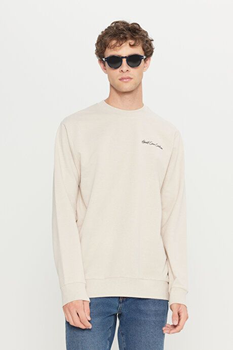 2 İplik Pamuklu Standart Fit Normal Kesim Rahat Bisiklet Yaka Bej Sweatshirt resmi