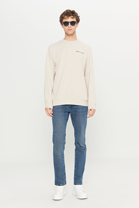 2 İplik Pamuklu Standart Fit Normal Kesim Rahat Bisiklet Yaka Bej Sweatshirt resmi