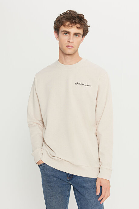 2 İplik Pamuklu Standart Fit Normal Kesim Rahat Bisiklet Yaka Bej Sweatshirt resmi