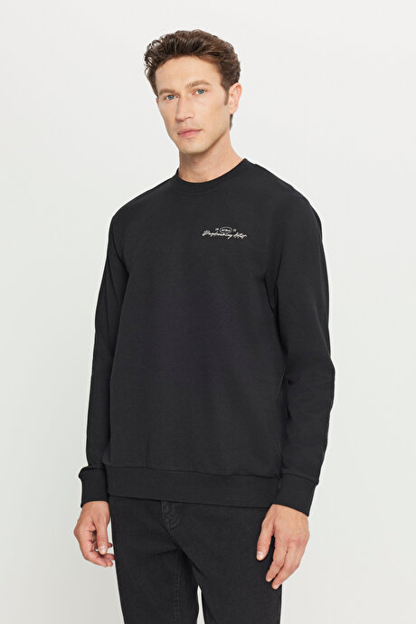 2 İplik Pamuklu Standart Fit Normal Kesim Rahat Bisiklet Yaka Siyah Sweatshirt resmi