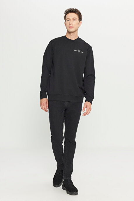 2 İplik Pamuklu Standart Fit Normal Kesim Rahat Bisiklet Yaka Siyah Sweatshirt resmi