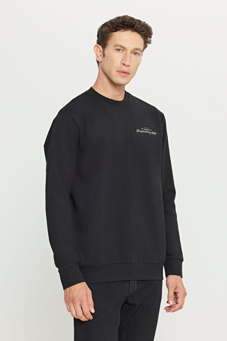 2 İplik Pamuklu Standart Fit Normal Kesim Rahat Bisiklet Yaka Siyah Sweatshirt resmi