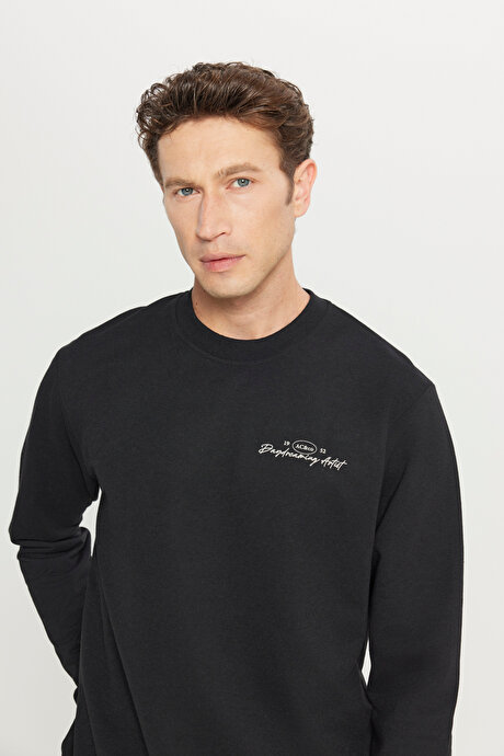 2 İplik Pamuklu Standart Fit Normal Kesim Rahat Bisiklet Yaka Siyah Sweatshirt resmi