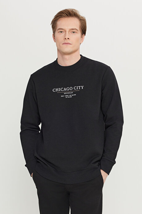 2 İplik Pamuklu Standart Fit Normal Kesim Bisiklet Yaka Siyah Sweatshirt resmi