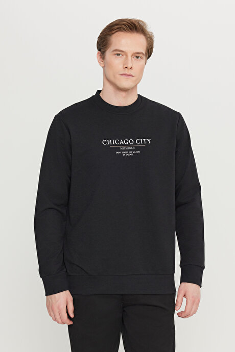 2 İplik Pamuklu Standart Fit Normal Kesim Bisiklet Yaka Siyah Sweatshirt resmi