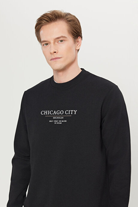 2 İplik Pamuklu Standart Fit Normal Kesim Bisiklet Yaka Siyah Sweatshirt resmi