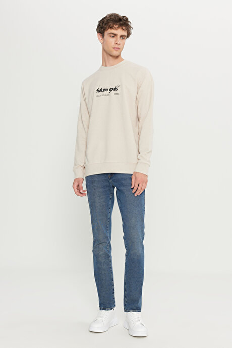 2 İplik Pamuklu Standart Fit Normal Kesim Bisiklet Yaka Bej Sweatshirt resmi