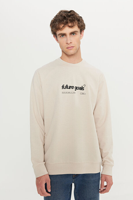 2 İplik Pamuklu Standart Fit Normal Kesim Bisiklet Yaka Bej Sweatshirt resmi