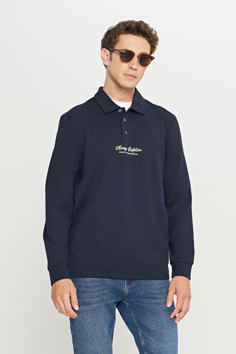 2 İplik Pamuklu Standart Fit Normal Kesim Polo Yaka Lacivert Sweatshirt resmi