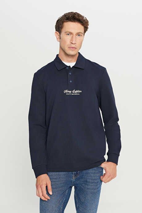 2 İplik Pamuklu Standart Fit Normal Kesim Polo Yaka Lacivert Sweatshirt resmi