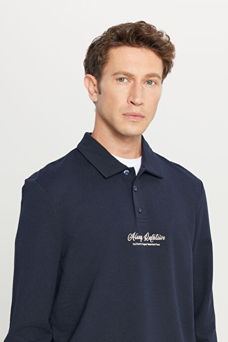 2 İplik Pamuklu Standart Fit Normal Kesim Polo Yaka Lacivert Sweatshirt resmi