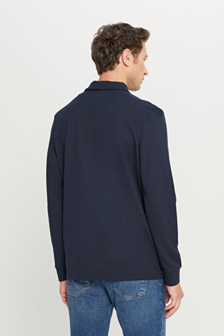 2 İplik Pamuklu Standart Fit Normal Kesim Polo Yaka Lacivert Sweatshirt resmi