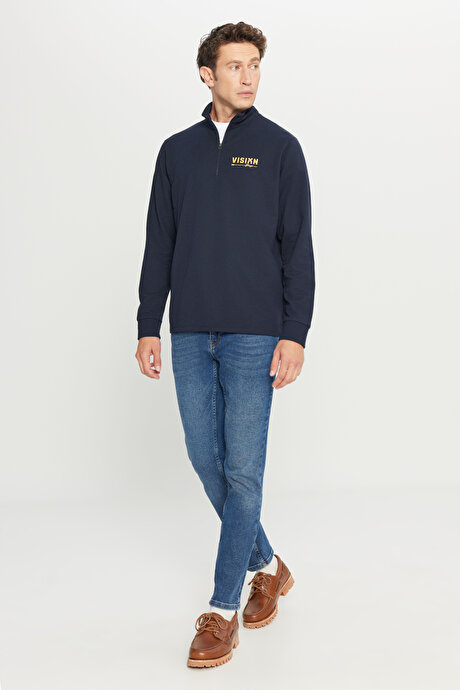 2 İplik Pamuklu Standart Fit Normal Kesim Bato Yaka Lacivert Sweatshirt resmi