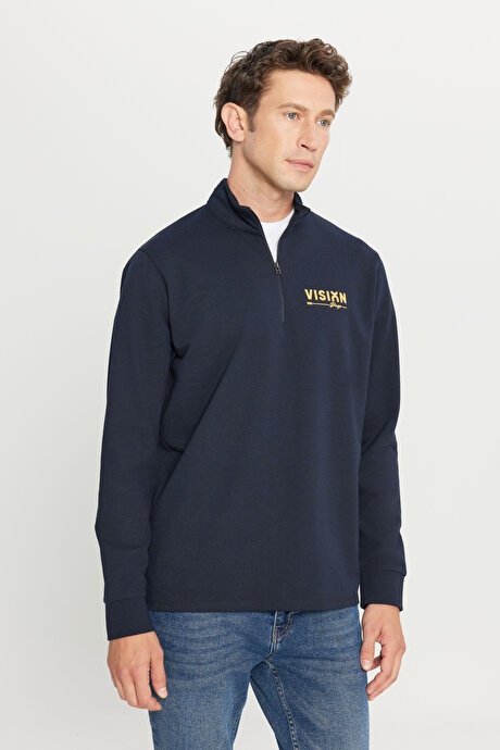 2 İplik Pamuklu Standart Fit Normal Kesim Bato Yaka Lacivert Sweatshirt resmi