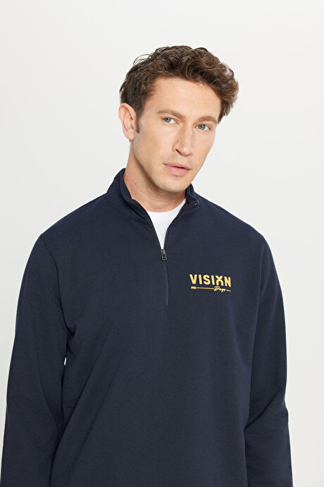 2 İplik Pamuklu Standart Fit Normal Kesim Bato Yaka Lacivert Sweatshirt resmi