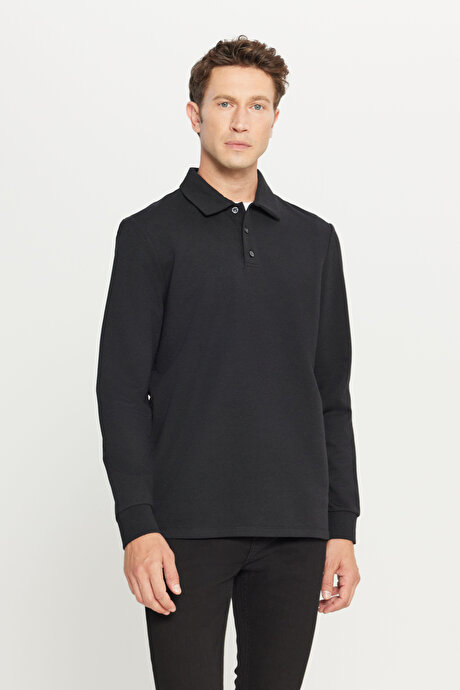 2 İplik Pamuklu Standart Fit Normal Kesim Polo Yaka Siyah Sweatshirt resmi