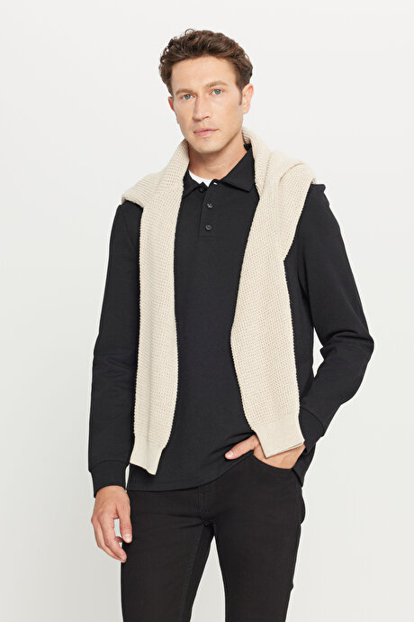 2 İplik Pamuklu Standart Fit Normal Kesim Polo Yaka Siyah Sweatshirt resmi