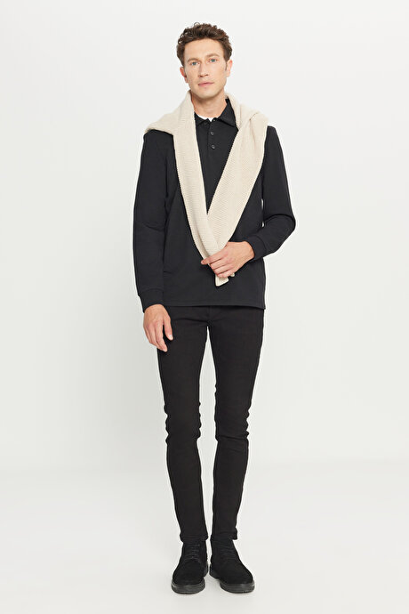 2 İplik Pamuklu Standart Fit Normal Kesim Polo Yaka Siyah Sweatshirt resmi