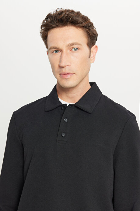 2 İplik Pamuklu Standart Fit Normal Kesim Polo Yaka Siyah Sweatshirt resmi