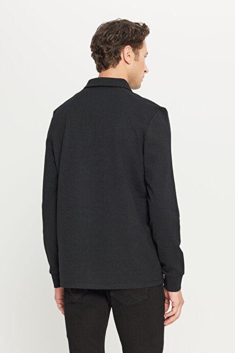 2 İplik Pamuklu Standart Fit Normal Kesim Polo Yaka Siyah Sweatshirt resmi