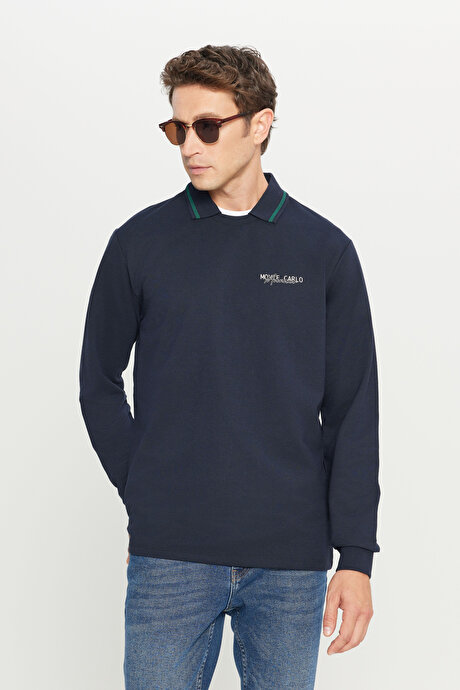 2 İplik Pamuklu Standart Fit Normal Kesim Polo Yaka Lacivert Sweatshirt resmi