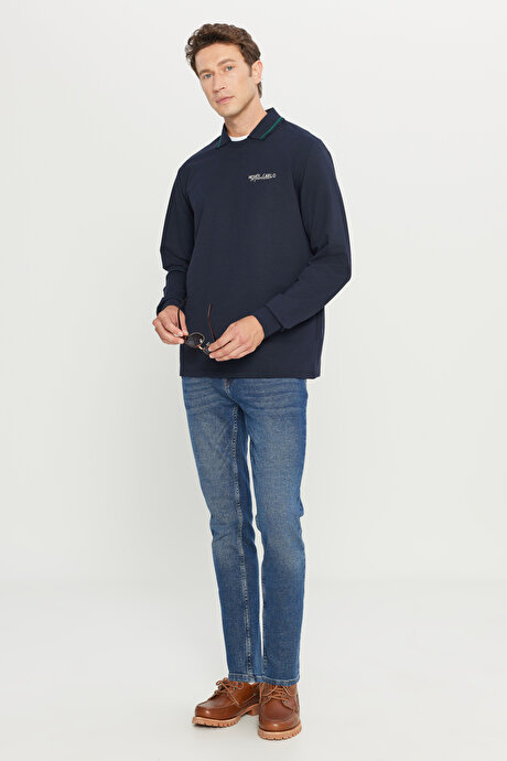 2 İplik Pamuklu Standart Fit Normal Kesim Polo Yaka Lacivert Sweatshirt resmi