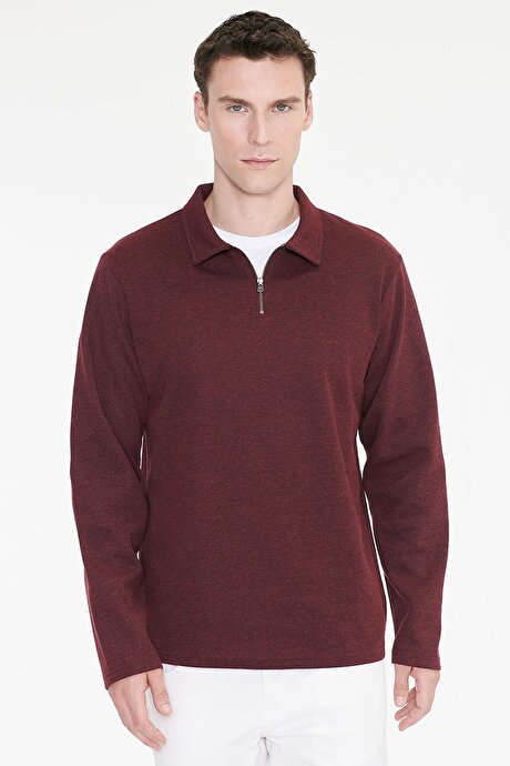 Pamuklu Standart Fit Normal Kesim Polo Yaka Bordo Sweatshirt resmi