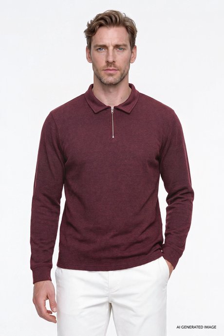 Pamuklu Standart Fit Normal Kesim Polo Yaka Bordo Sweatshirt resmi